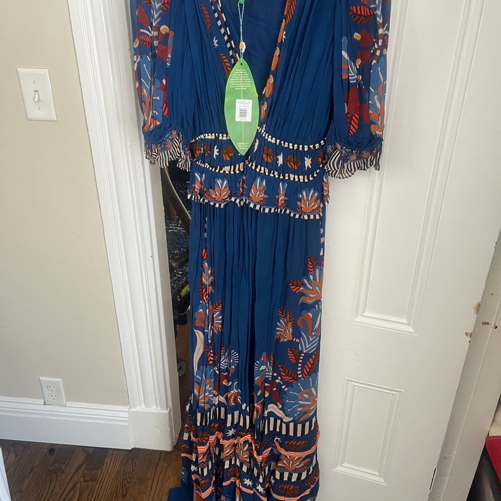 FARM Rio Blue Dress with Orange and White Floral Accents